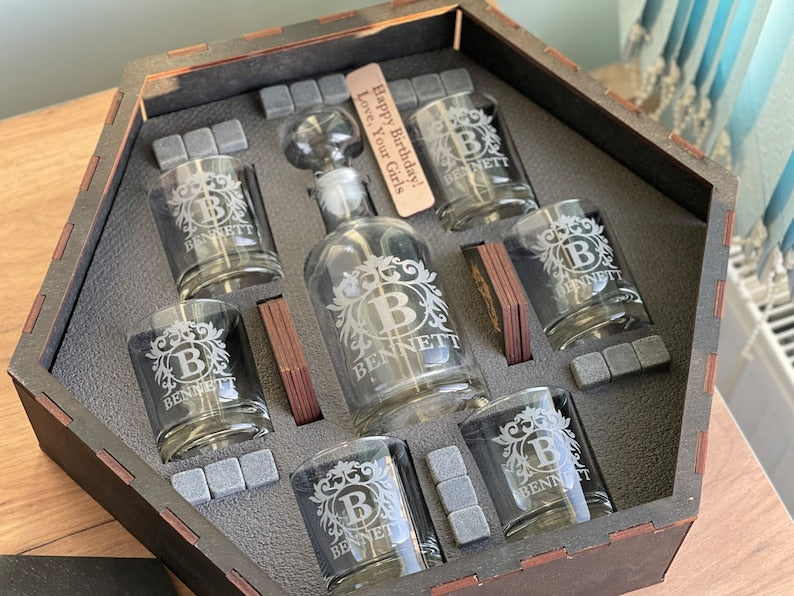 Whiskey Decanter Set, Whiskey Stones, Bourbon Decanter Set, Whiskey Glasses, Personalized Christmas Gift