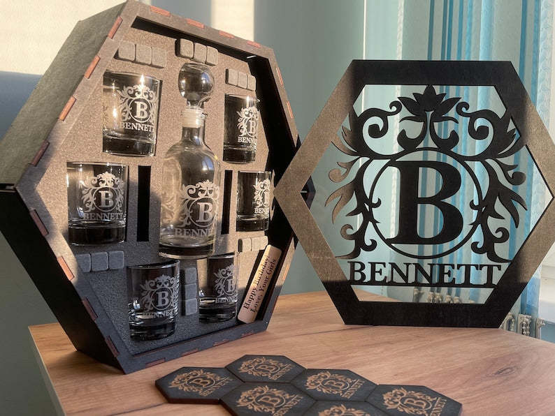 Whiskey Decanter Set, Whiskey Stones, Bourbon Decanter Set, Whiskey Glasses, Personalized Christmas Gift