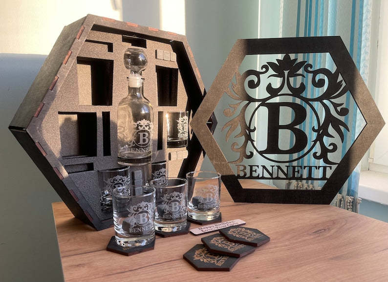 Whiskey Decanter Set, Whiskey Stones, Bourbon Decanter Set, Whiskey Glasses, Personalized Christmas Gift