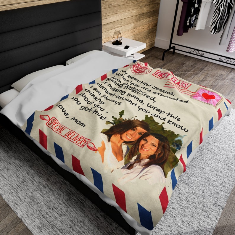 Personalized Going Away Gift for Daughter/Son, College Bound Keepsake, Envelop Airmail Mom Letter Custom Photo Heartfelt Message Blanket 