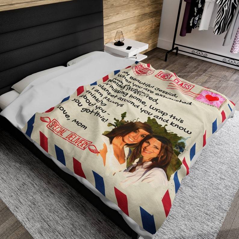 Personalized Going Away Gift for Daughter/Son, College Bound Keepsake, Envelop Airmail Mom Letter Custom Photo Heartfelt Message Blanket 