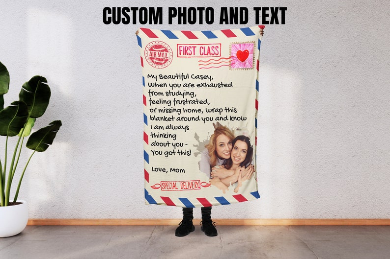 Personalized Going Away Gift for Daughter/Son, College Bound Keepsake, Envelop Airmail Mom Letter Custom Photo Heartfelt Message Blanket 