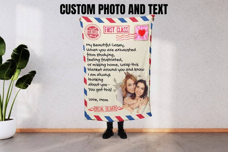 Personalized Going Away Gift for Daughter/Son, College Bound Keepsake, Envelop Airmail Mom Letter Custom Photo Heartfelt Message Blanket 