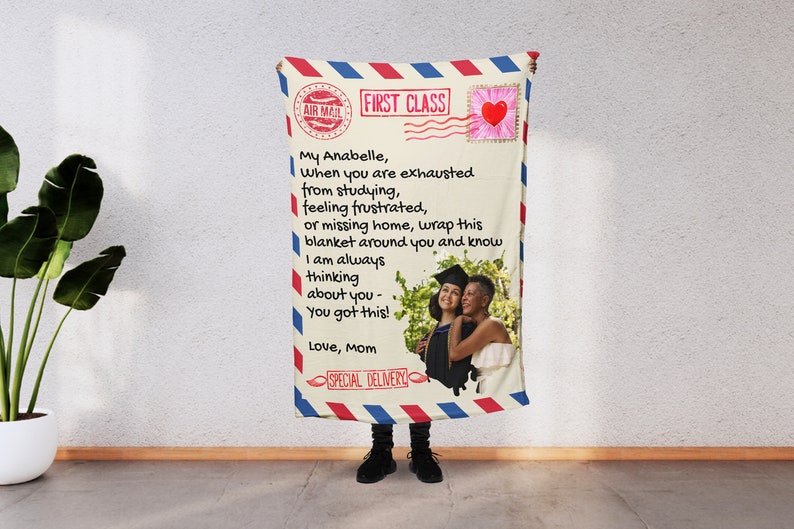 Personalized Going Away Gift for Daughter/Son, College Bound Keepsake, Envelop Airmail Mom Letter Custom Photo Heartfelt Message Blanket 