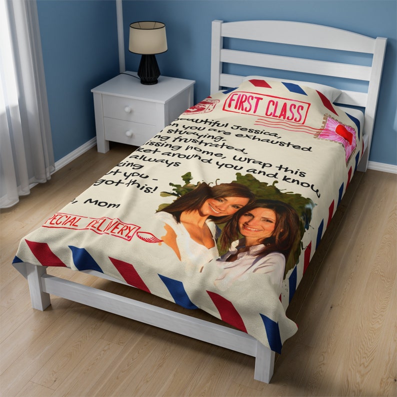 Personalized Going Away Gift for Daughter/Son, College Bound Keepsake, Envelop Airmail Mom Letter Custom Photo Heartfelt Message Blanket 