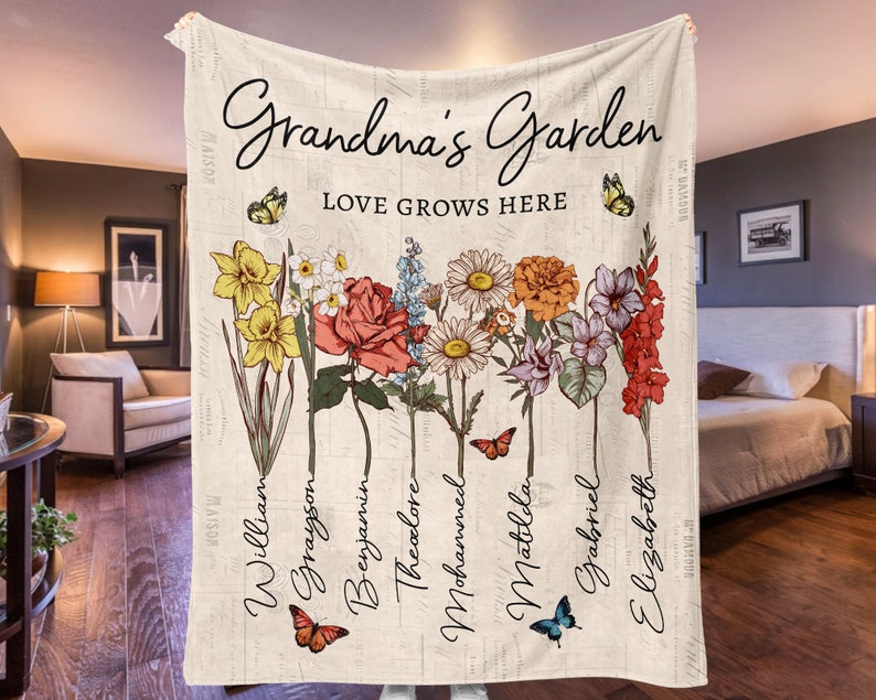 Personalized Grandmas Garden Blanket | Grandma Love Grows Here Blanket | Birth Month Flowers With Family Names Gift | Mother's Day Gift 2024