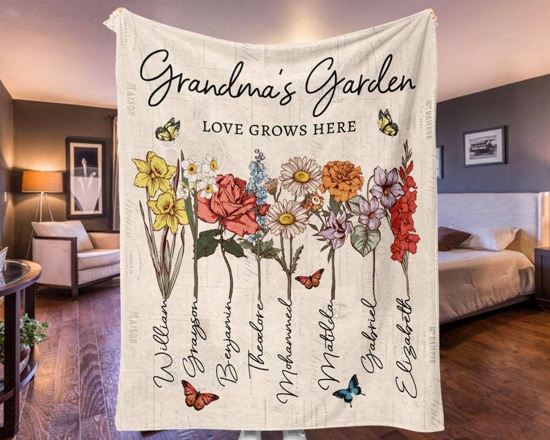 Personalized Grandmas Garden Blanket | Grandma Love Grows Here Blanket | Birth Month Flowers With Family Names Gift | Mother's Day Gift 2024