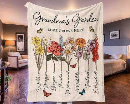 Personalized Grandmas Garden Blanket | Grandma Love Grows Here Blanket | Birth Month Flowers With Family Names Gift | Mother's Day Gift 2024
