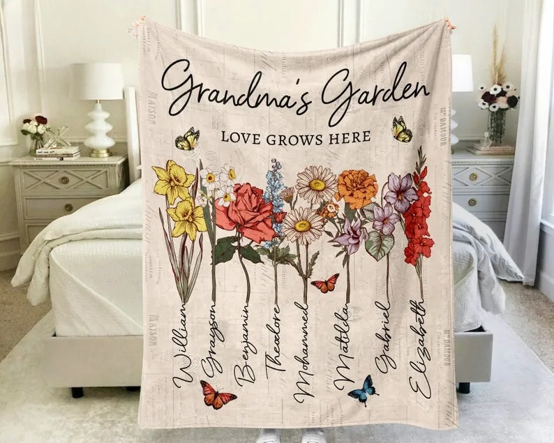 Personalized Grandmas Garden Blanket | Grandma Love Grows Here Blanket | Birth Month Flowers With Family Names Gift | Mother's Day Gift 2024