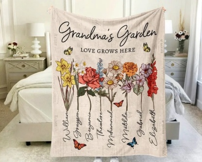 Personalized Grandmas Garden Blanket | Grandma Love Grows Here Blanket | Birth Month Flowers With Family Names Gift | Mother's Day Gift 2024