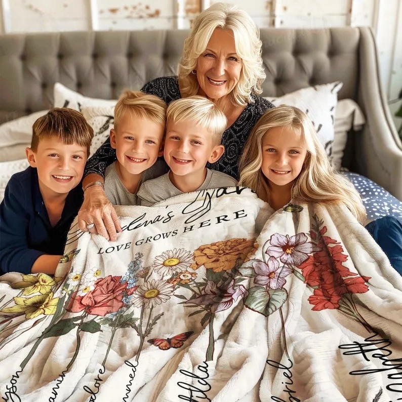 Personalized Grandmas Garden Blanket | Grandma Love Grows Here Blanket | Birth Month Flowers With Family Names Gift | Mother's Day Gift 2024
