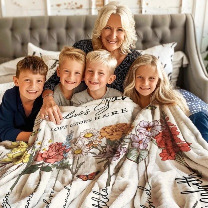 Personalized Grandmas Garden Blanket | Grandma Love Grows Here Blanket | Birth Month Flowers With Family Names Gift | Mother's Day Gift 2024