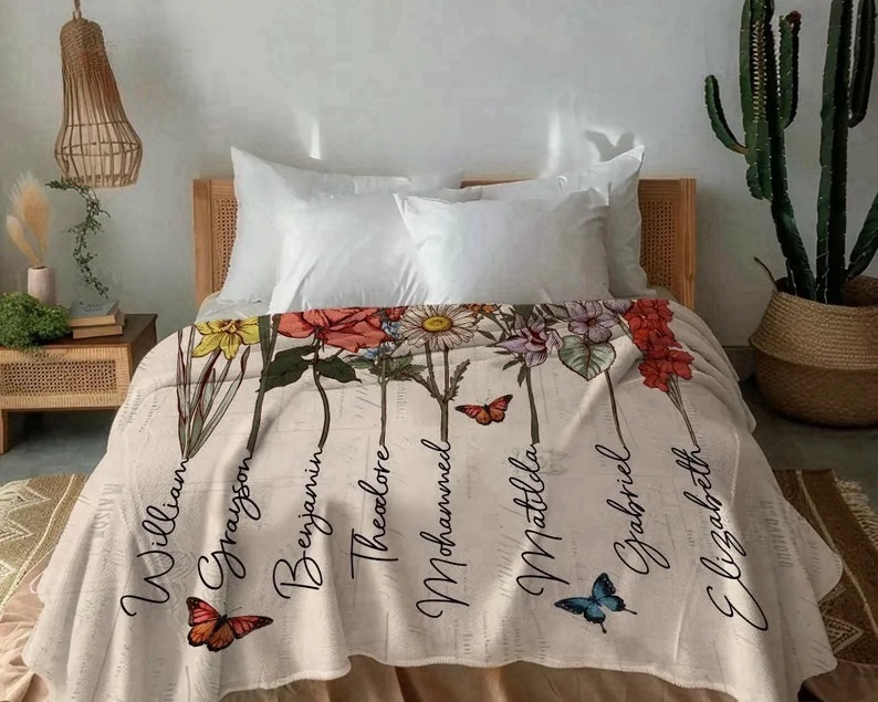 Personalized Grandmas Garden Blanket | Grandma Love Grows Here Blanket | Birth Month Flowers With Family Names Gift | Mother's Day Gift 2024