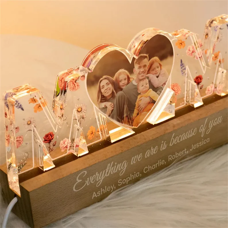 Customized Flower Print Photo LED Night Light, Birthday Flower, Gift For Mom, Gift For Grandma