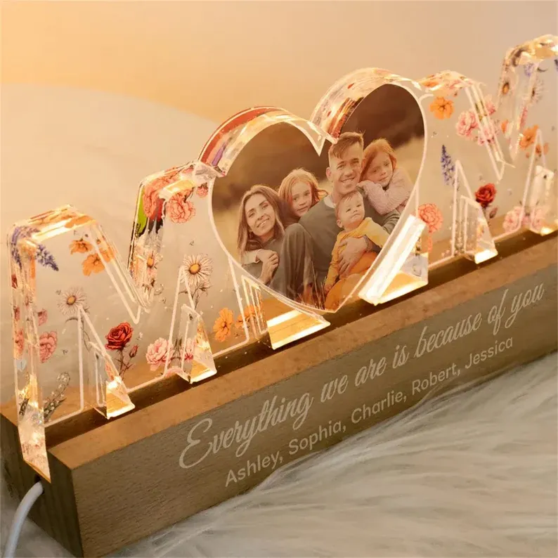 Customized Flower Print Photo LED Night Light, Birthday Flower, Gift For Mom, Gift For Grandma