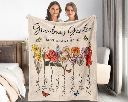 Personalized Grandmas Garden Blanket | Grandma Love Grows Here Blanket | Birth Month Flowers With Family Names Gift | Mother's Day Gift 2024