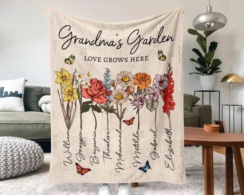 Personalized Grandmas Garden Blanket | Grandma Love Grows Here Blanket | Birth Month Flowers With Family Names Gift | Mother's Day Gift 2024