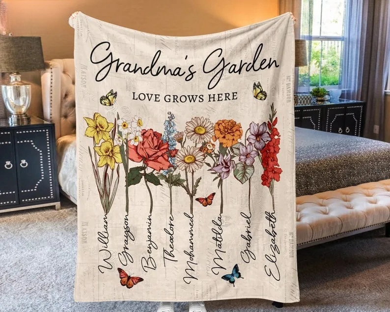 Personalized Grandmas Garden Blanket | Grandma Love Grows Here Blanket | Birth Month Flowers With Family Names Gift | Mother's Day Gift 2024