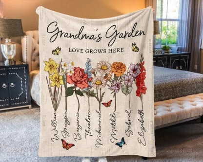 Personalized Grandmas Garden Blanket | Grandma Love Grows Here Blanket | Birth Month Flowers With Family Names Gift | Mother's Day Gift 2024