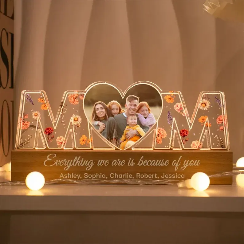 Customized Flower Print Photo LED Night Light, Birthday Flower, Gift For Mom, Gift For Grandma