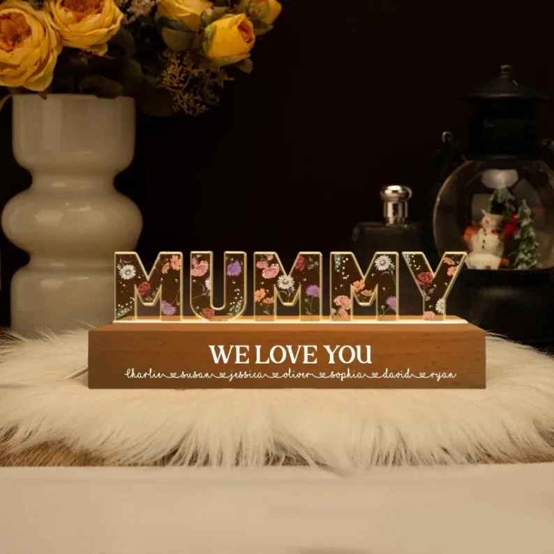Custom Flower Printed LED Night Light, Birth Month Flower, Gift For Mom, Gift For Grandma
