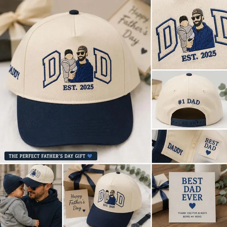 Custom Embroidered Photo on Dad Hat, Personalized Dad Hat, Family Portrait Hat, Unique Birthday Gift For Men, New Dad Gift, Husband Gift