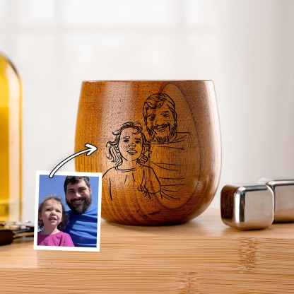 Personalized Wooden Whiskey Glass for Dad, Custom Photo Line Art on Vintage Bourbon Cup, Father's Gift for Him