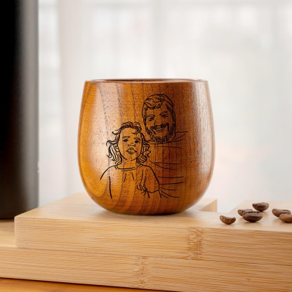 Personalized Wooden Whiskey Glass for Dad, Custom Photo Line Art on Vintage Bourbon Cup, Father's Gift for Him