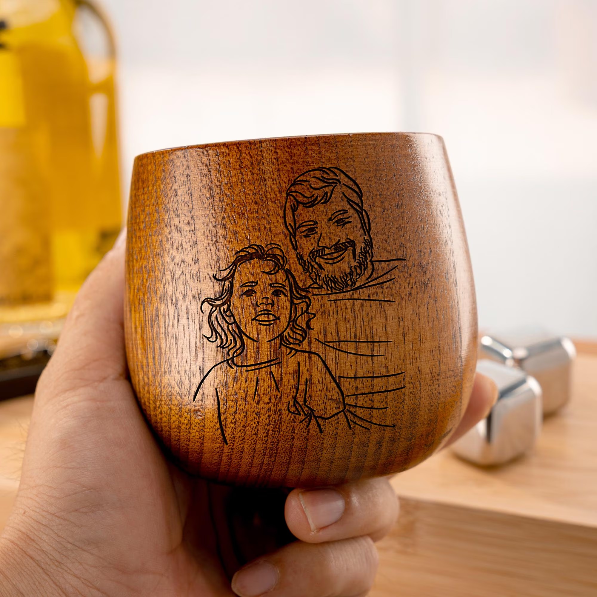 Personalized Wooden Whiskey Glass for Dad, Custom Photo Line Art on Vintage Bourbon Cup, Father's Gift for Him