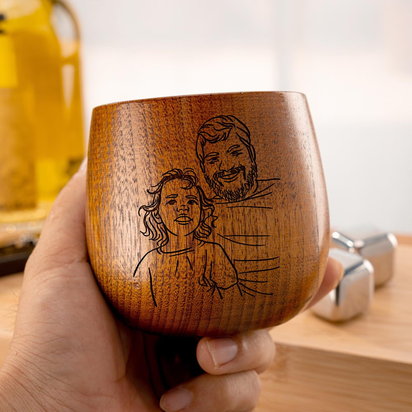 Personalized Wooden Whiskey Glass for Dad, Custom Photo Line Art on Vintage Bourbon Cup, Father's Gift for Him