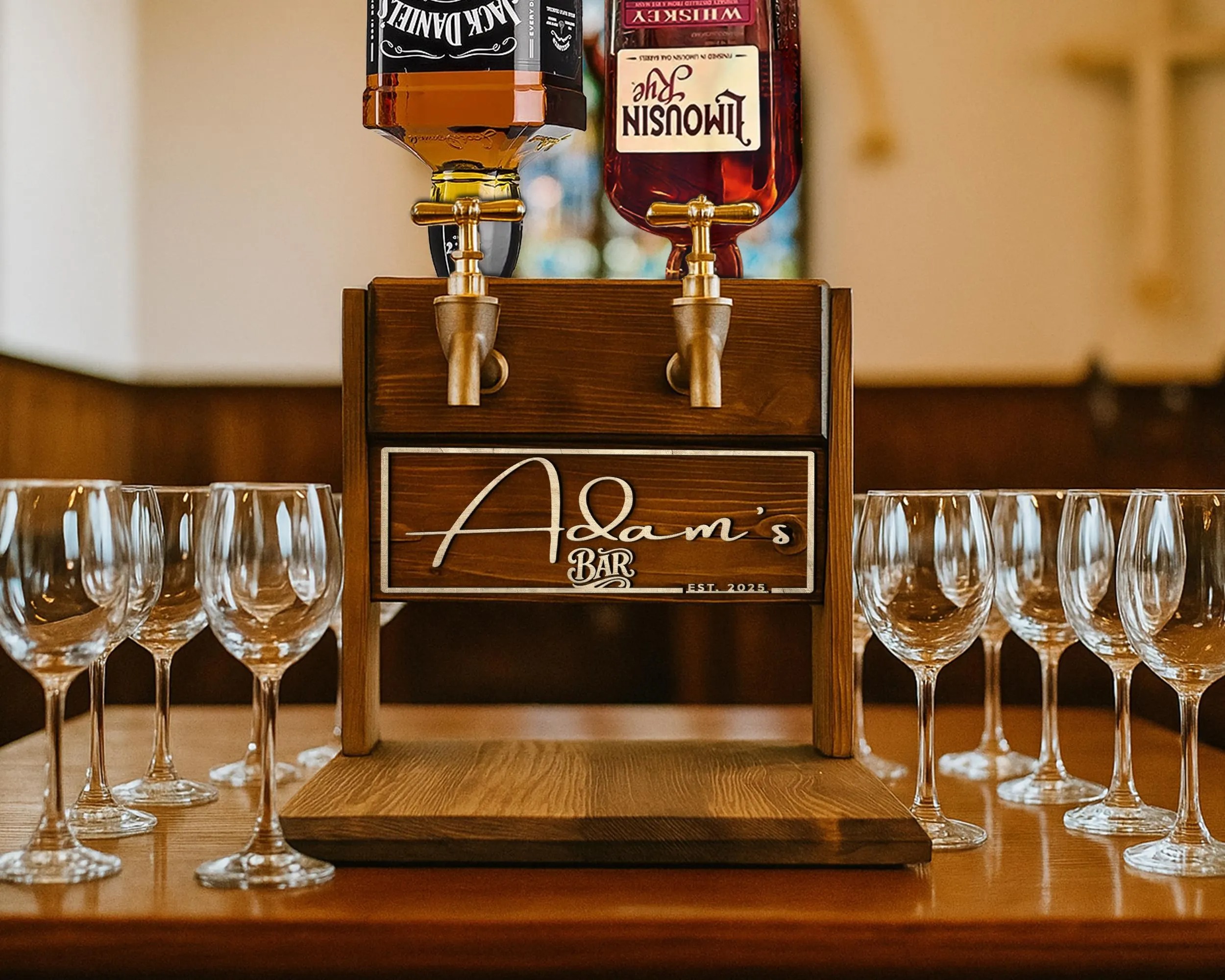 Double Barrel Whiskey Dispenser with Faucets, Personalized Rustic Wooden Liquor Tap for Home Bar, Unique Gift for Men, Women