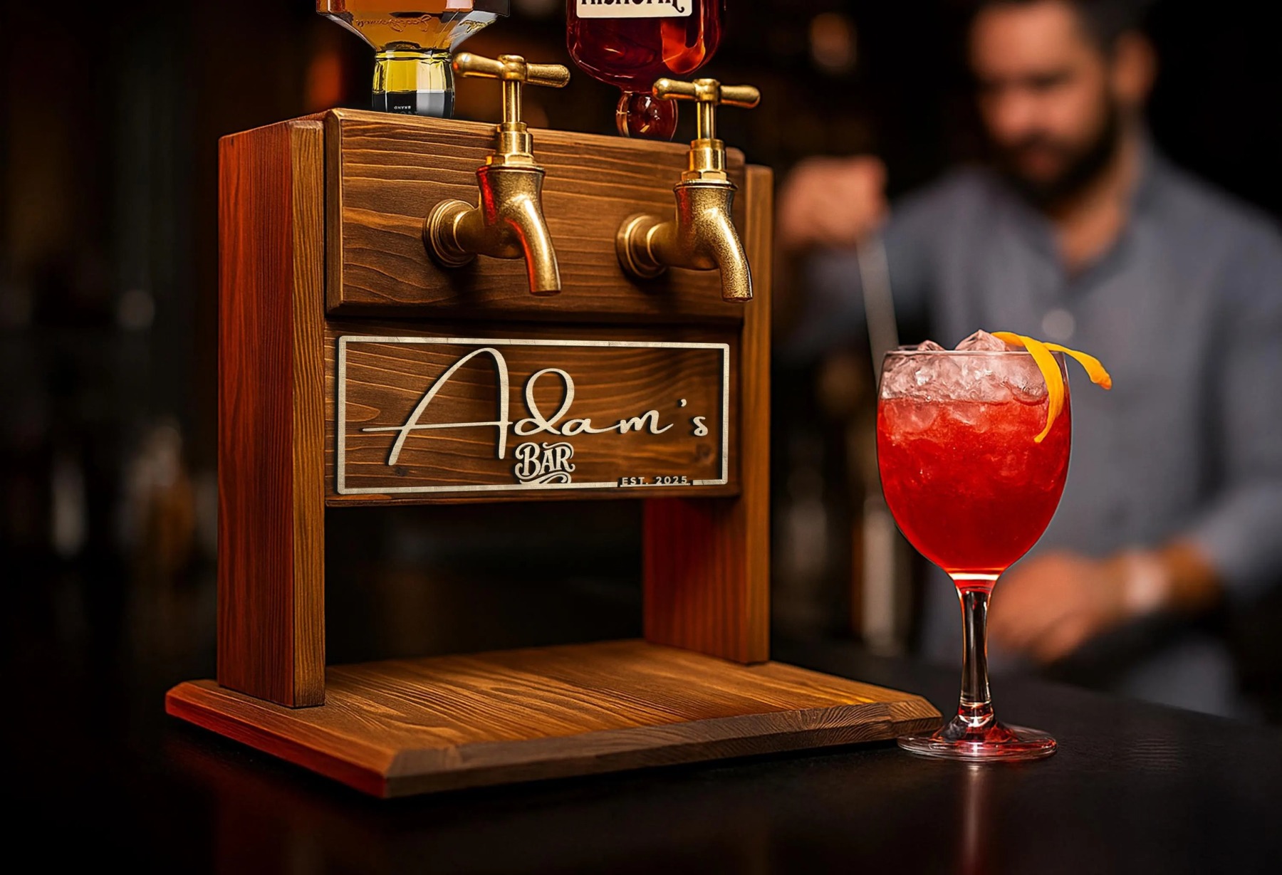 Double Barrel Whiskey Dispenser with Faucets, Personalized Rustic Wooden Liquor Tap for Home Bar, Unique Gift for Men, Women