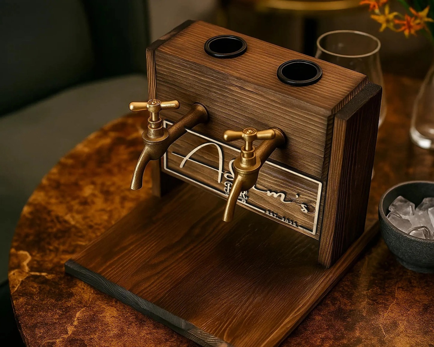 Double Barrel Whiskey Dispenser with Faucets, Personalized Rustic Wooden Liquor Tap for Home Bar, Unique Gift for Men, Women