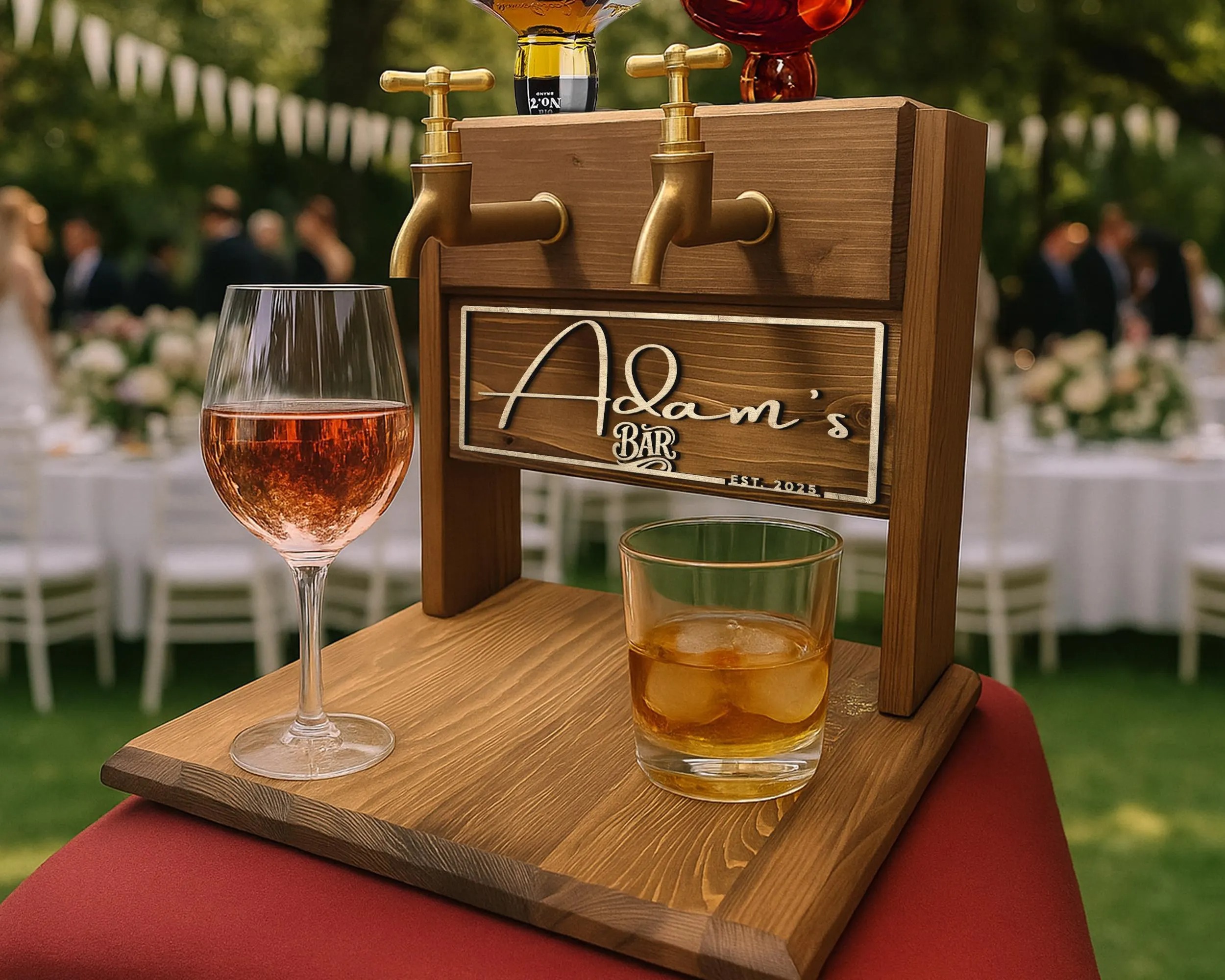 Double Barrel Whiskey Dispenser with Faucets, Personalized Rustic Wooden Liquor Tap for Home Bar, Unique Gift for Men, Women