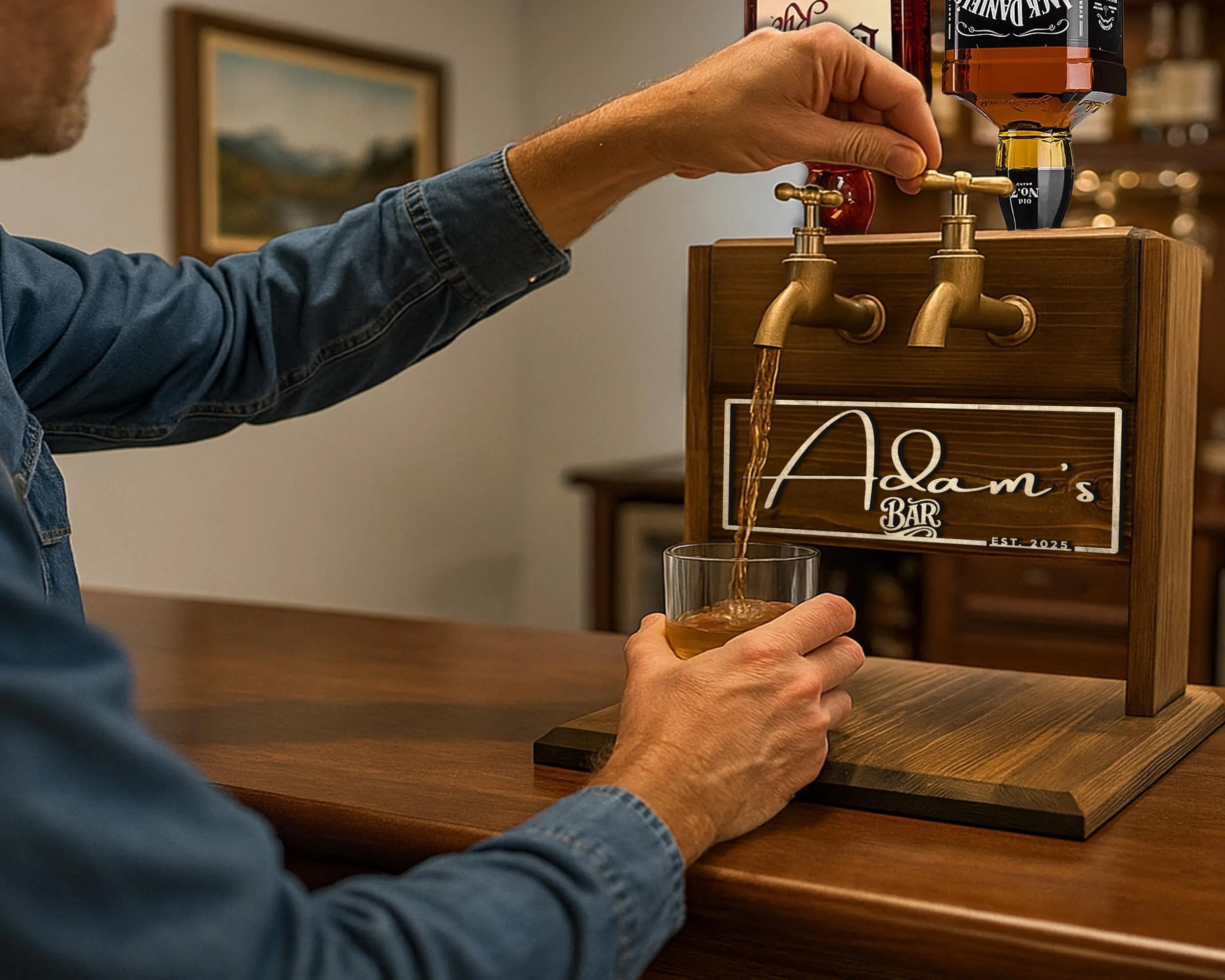 Double Barrel Whiskey Dispenser with Faucets, Personalized Rustic Wooden Liquor Tap for Home Bar, Unique Gift for Men, Women