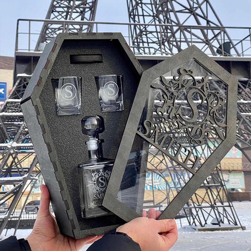 Personalized Coffin Whiskey Decanter Set | Custom Whiskey Decanter & Glass Gift Set