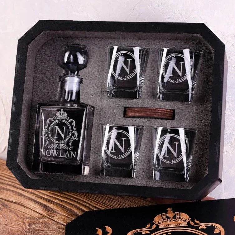 Custom Name Whiskey Set (Wooden box + Decanter + 4 Glasses + 4 Coasters) For Whiskey Lovers