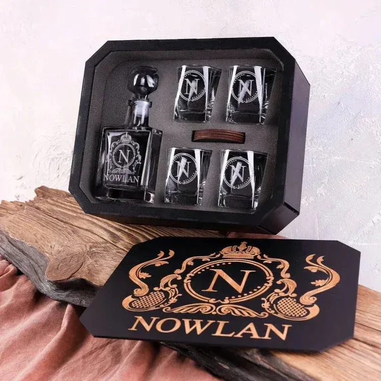 Custom Name Whiskey Set (Wooden box + Decanter + 4 Glasses + 4 Coasters) For Whiskey Lovers