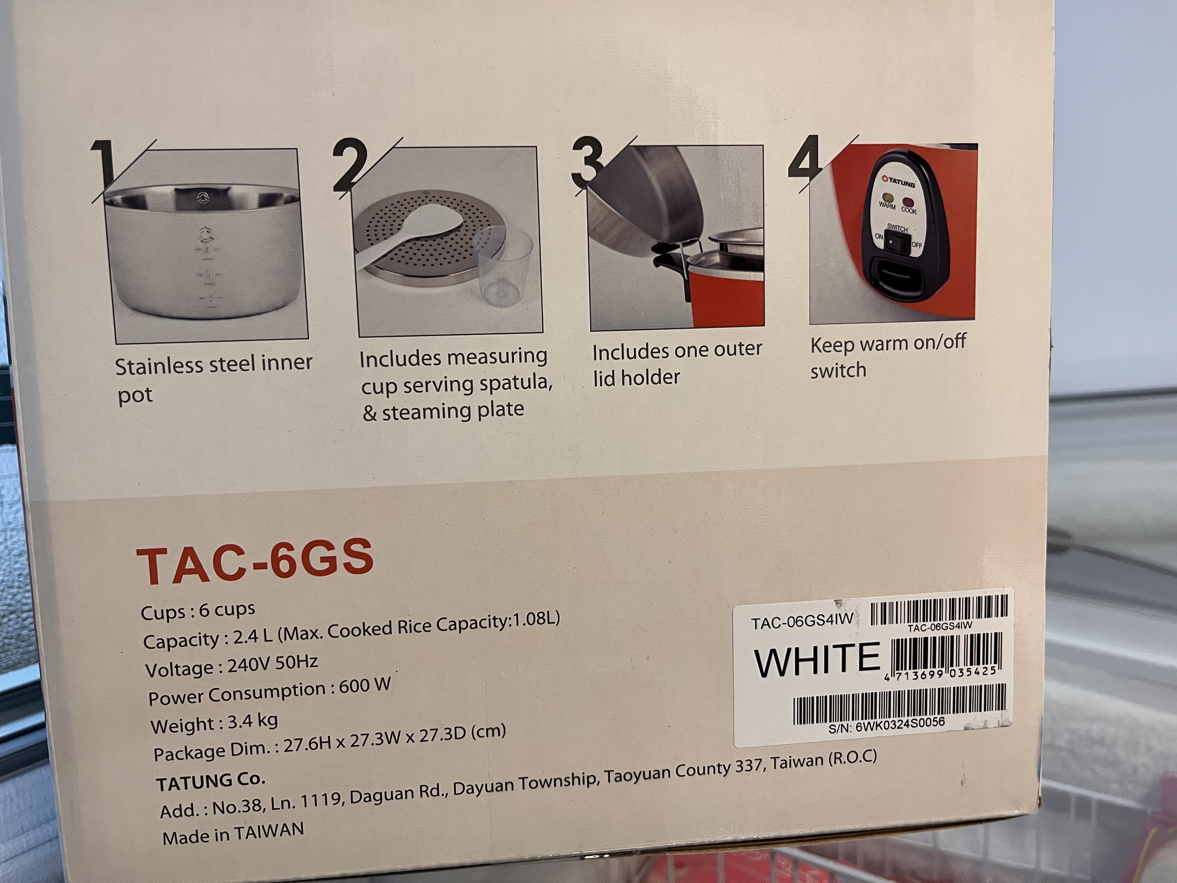 大同電鍋英規6人份-白色 Rice Cooker 6GS-White