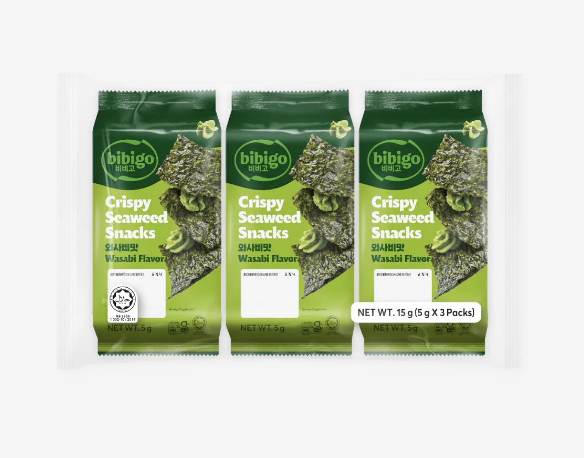 CJ韓式海苔點心脆片 芥末味 
CJ Bibigo Crispy Seaweed in Tray (wasabi) 5g*3