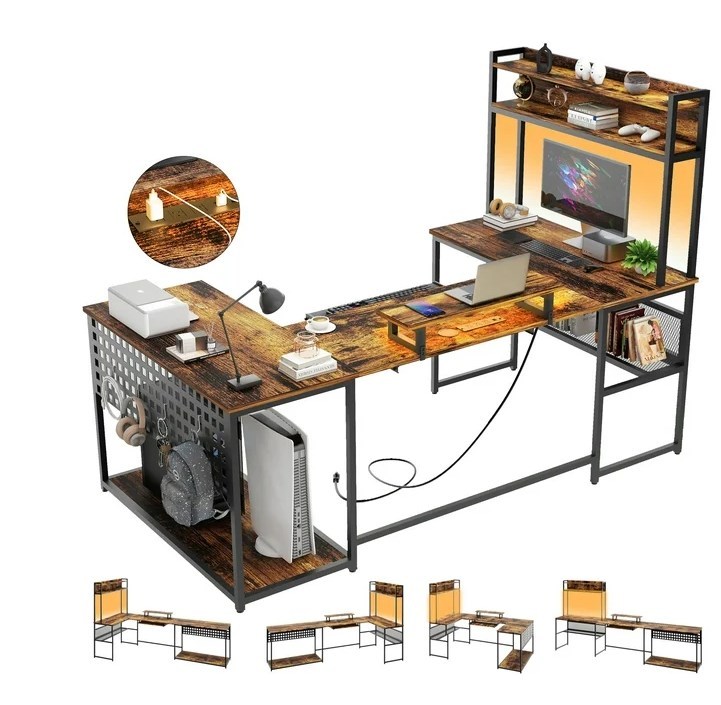 Vabches U Shaped Office Desk with LED Lights, L Shaped Desk with Power