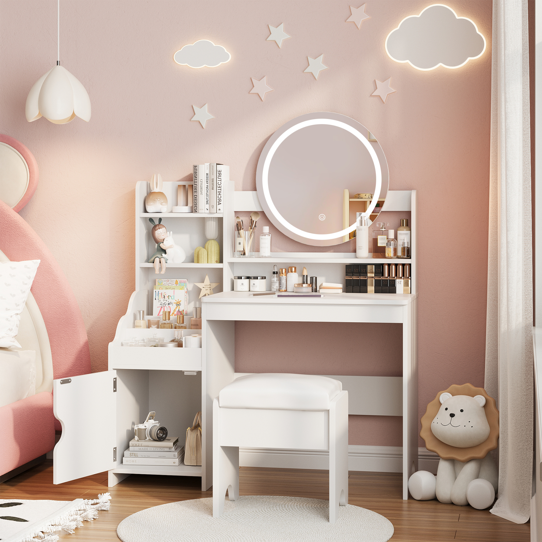 VEANERWOOD Small Vanity Table Set with Mirror and Lights for Women Princess and Girls, Dressing Table with Open Bookshelf & Large Storage Space