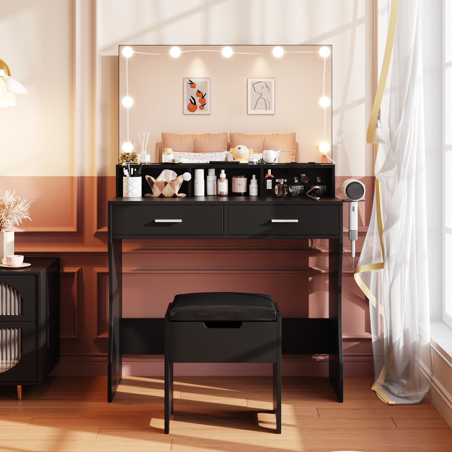 Modern Vanity Table Set with Lighted Mirror,Makeup Table with 2 Drawers & Power Strip,Dresser Desk for Girls, Women, White