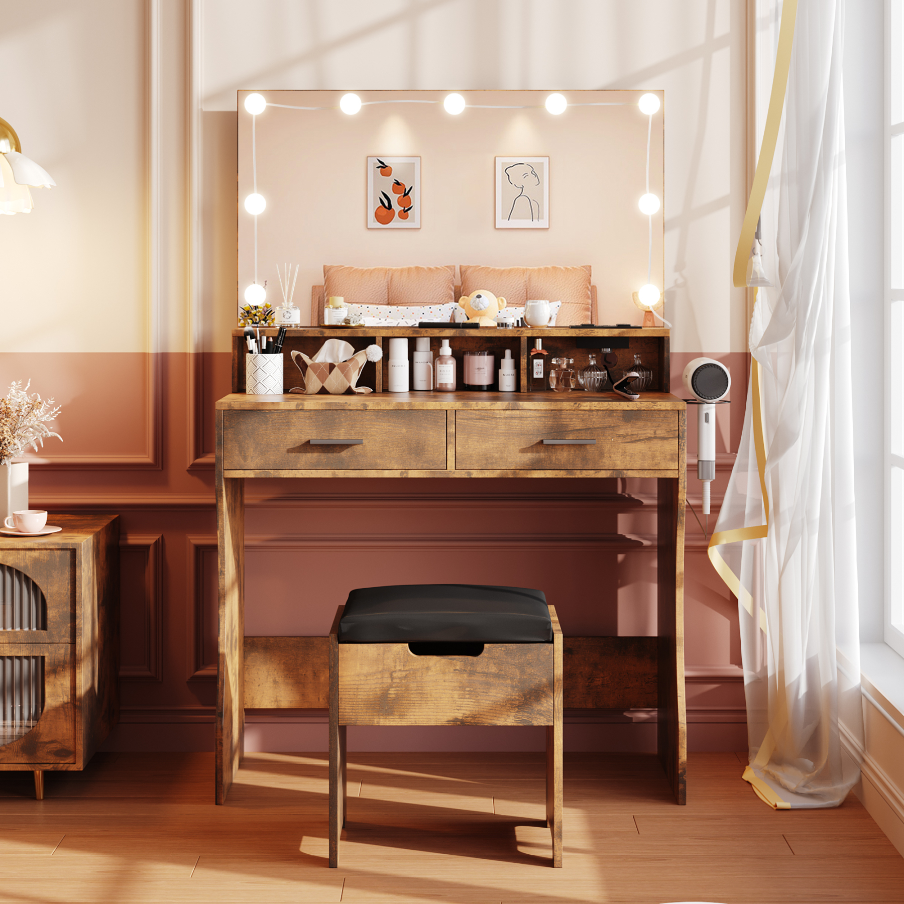 Modern Vanity Table Set with Lighted Mirror,Makeup Table with 2 Drawers & Power Strip,Dresser Desk for Girls, Women, White