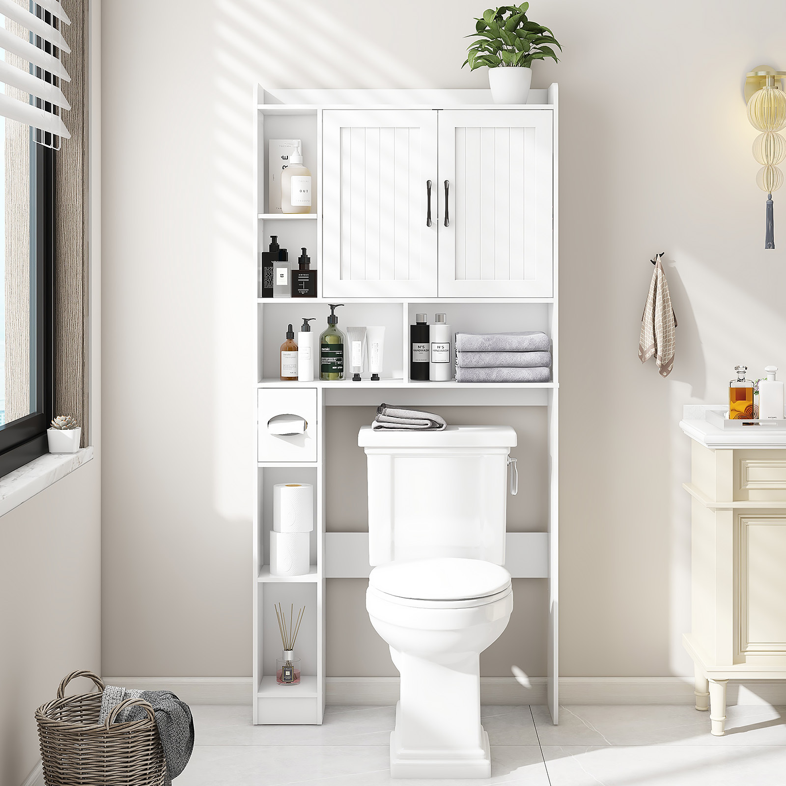 Over The Toilet Storage Cabinet, Farmhouse Storage Cabinet Over Toilet with 2 Barn Door & Toilet Paper Holder Stand，Home Space-Saving Toilet Rack, for Bathroom, Restroom, Laundry(White)