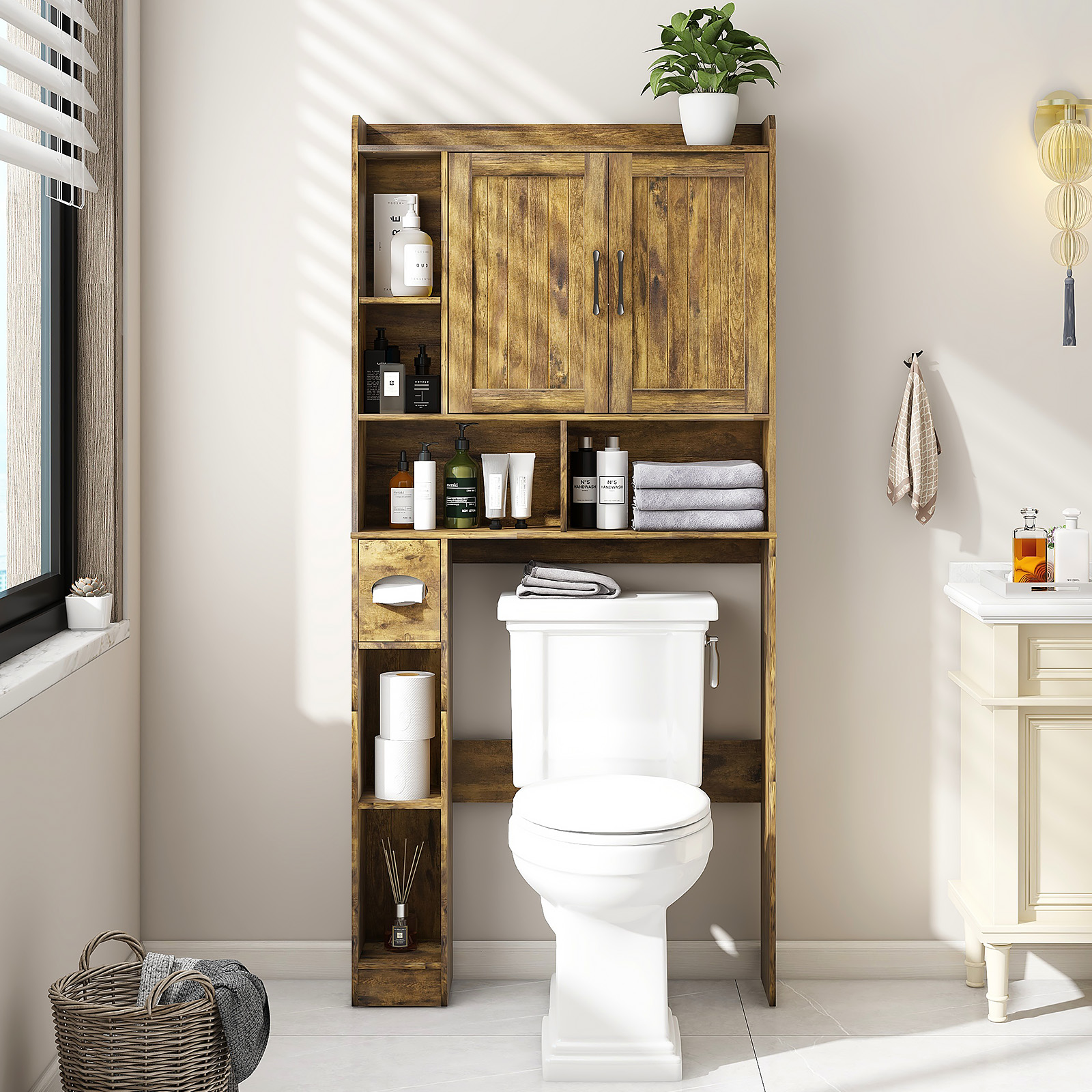Over The Toilet Storage Cabinet, Farmhouse Storage Cabinet Over Toilet with 2 Barn Door & Toilet Paper Holder Stand，Home Space-Saving Toilet Rack, for Bathroom, Restroom, Laundry(Brown)