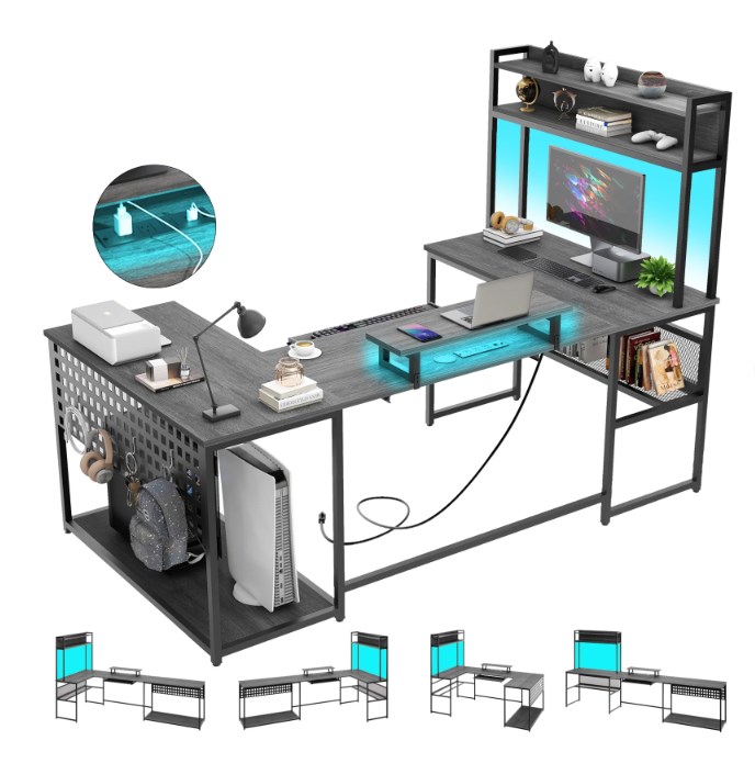 Vabches U Shaped Office Desk with LED Lights, L Shaped Desk with Power Outlet and Monitor Stand, Grey