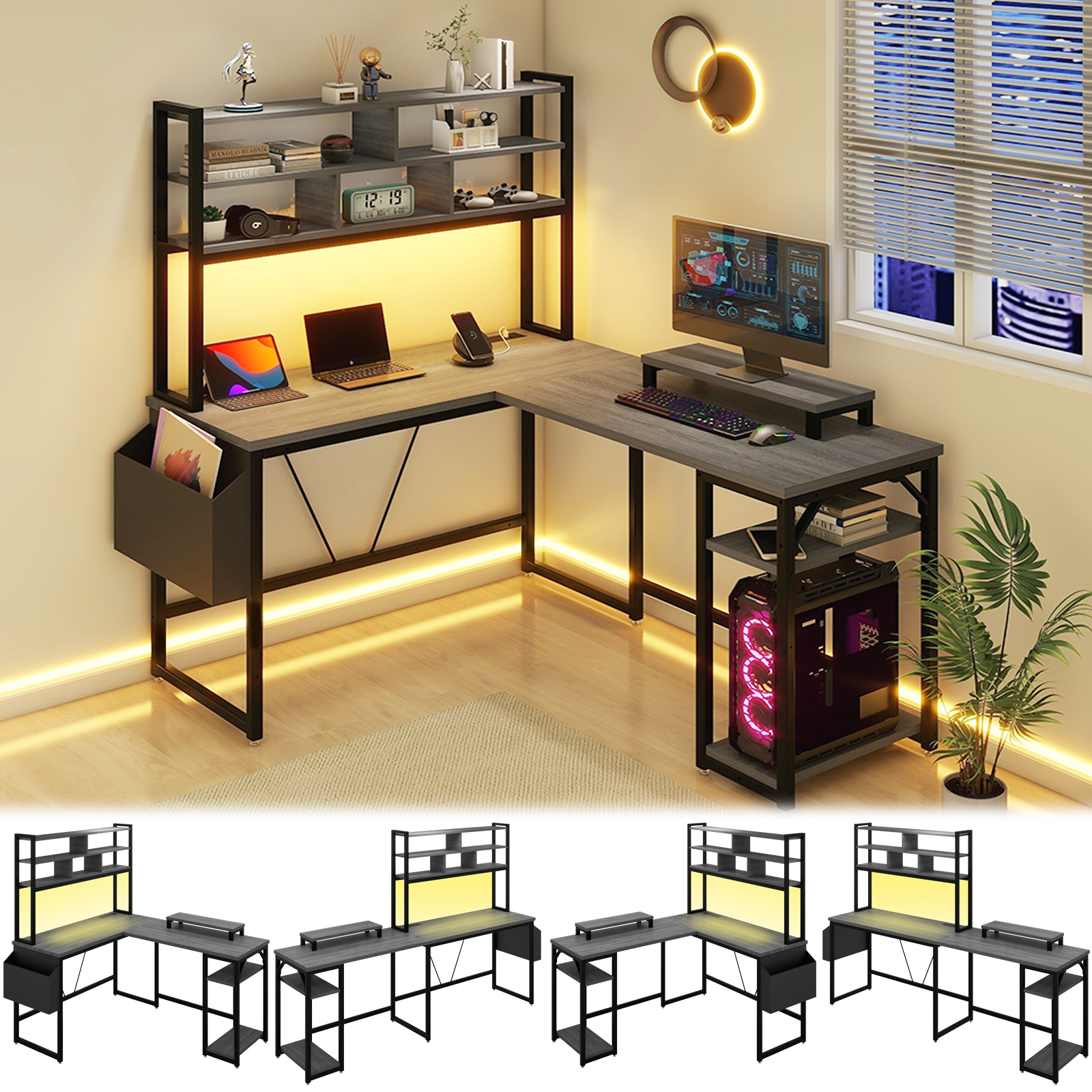 Vabches Computer Desk L Shaped with LED Lights and Power Outlets, Reversible Gaming Desk with Hutch for Adolescents and adults