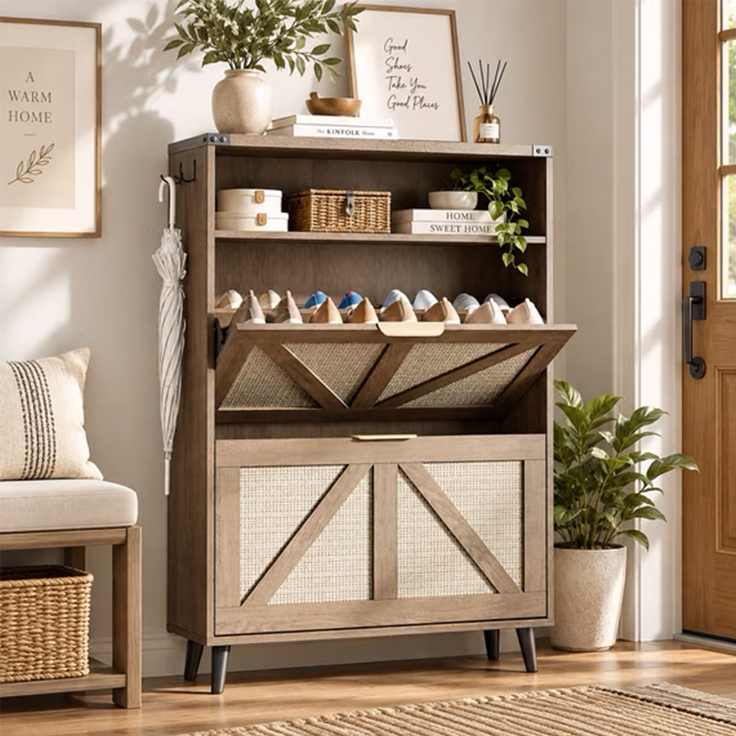 Shoe Cabinet with 2 Flip Drawers, Narrow Shoe Storage Cabinet with Open Shelf & Side Hooks, Farmhouse Shoe Organizer for Entryway