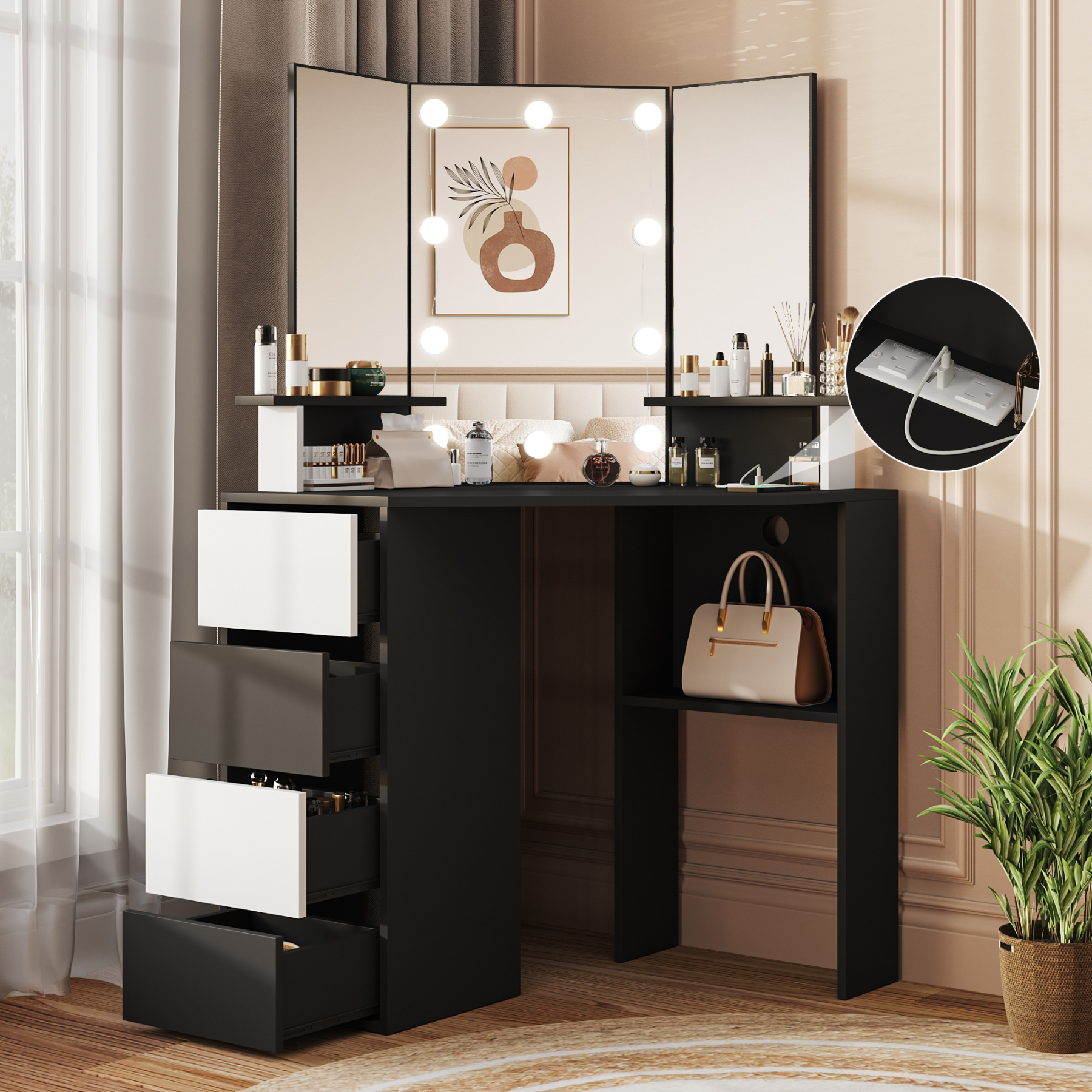Veanerwood Corner Vanity Desk with Lighted Mirror & Charging Station,Black Makeup Vanity Table with Lights,42 inch Corner Vanity Mirror with Lights and 4 Drawer, 3 Lighting Modes, Brightness Adjustable White